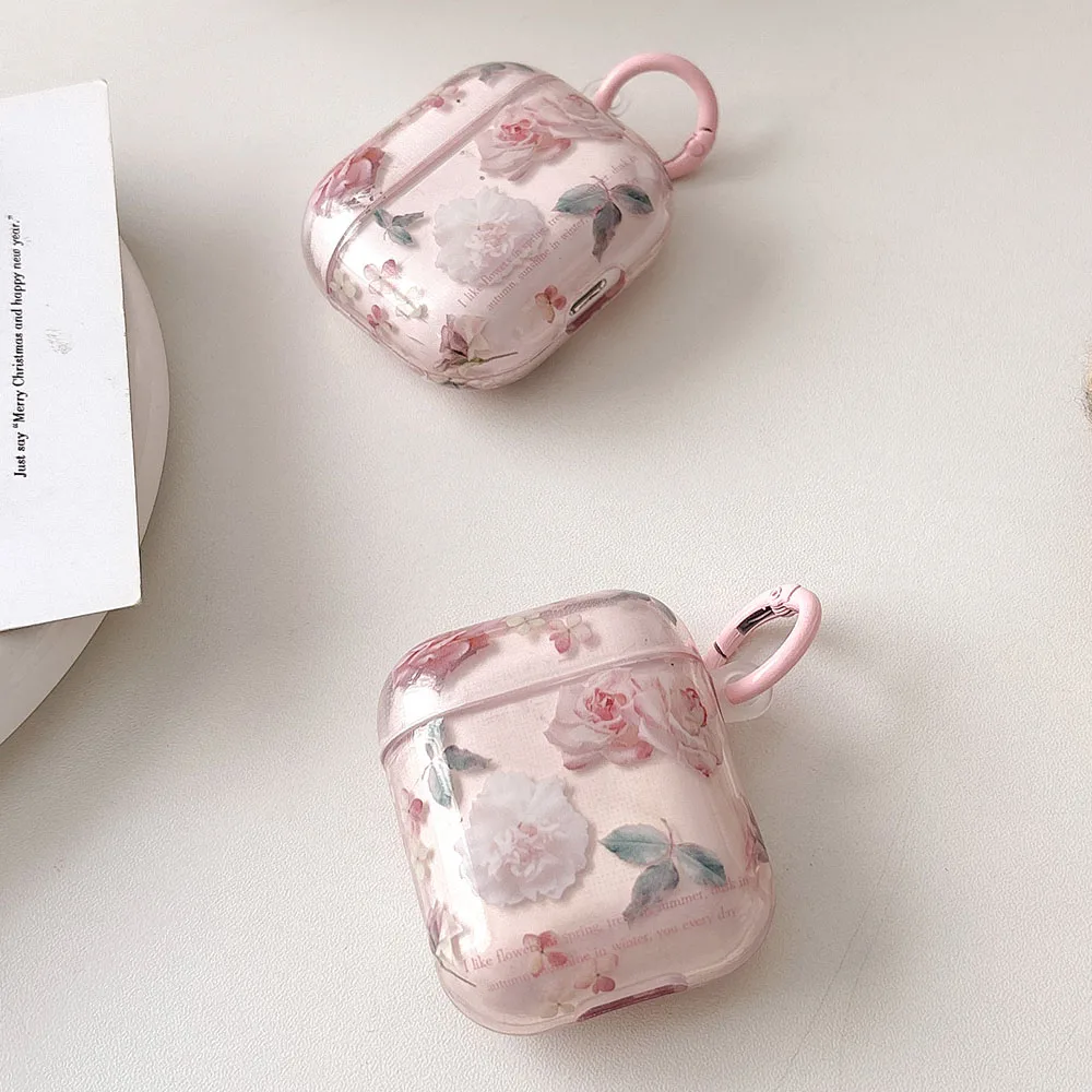 สีชมพูดอกไม้โปร่งใสดอกไม้หูฟังสําหรับ AirPods 4 ANC 1 2 3 Pro AirPod Pro2 นุ่มป้องกันพร้อมพวงกุญแจ funda