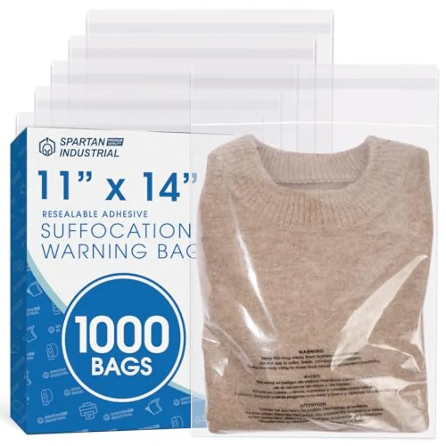 

11 X 14 1000 Count Resealable Clear Poly Bags with Suffocation Warning for T Shirt Packaging and Shipping - Self Seal Glue