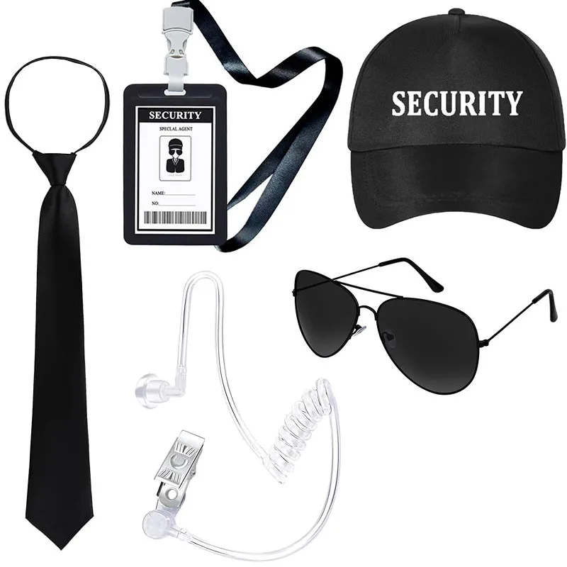 2026 New Secret Agent Dress Up Outfits Security Guard Cosplay Costume Black Hat Sunglasses Work ID Earplug Accessory Set