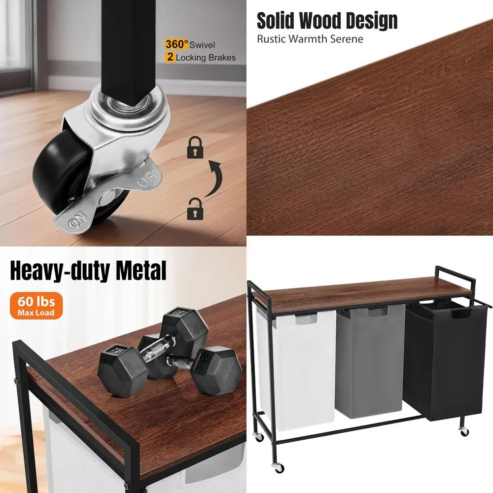 

3-секционная корзина на колесиках с полкой, корзина для сортировки белья с деревянной столешницей