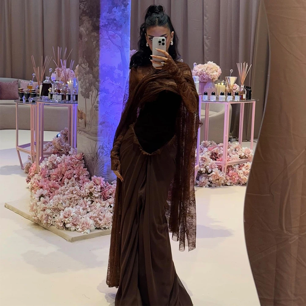 Modern Evening Dresses Brown Velvet Lace Shawl Strapless Mermaid Wedding Party Gowns for Women Pleated Trumpet Formal Party Gown
