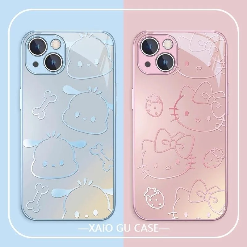 Luxury Hello Kitty Metallic-Color Phone Case For IPhone X XR XS 16 15 14 13 12 Mini 11 Pro Max 7 8 SE 20 Plus Glass Hard Cover