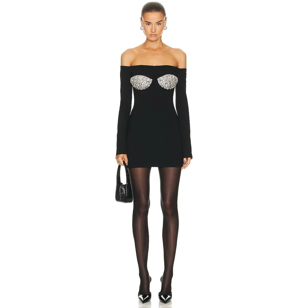 KLEEZY Fashion Women's Black Sexy Strapless Long Sleeve Luxury Diamond Bandage Slim Mini Elegant Celebrity Party Dresses