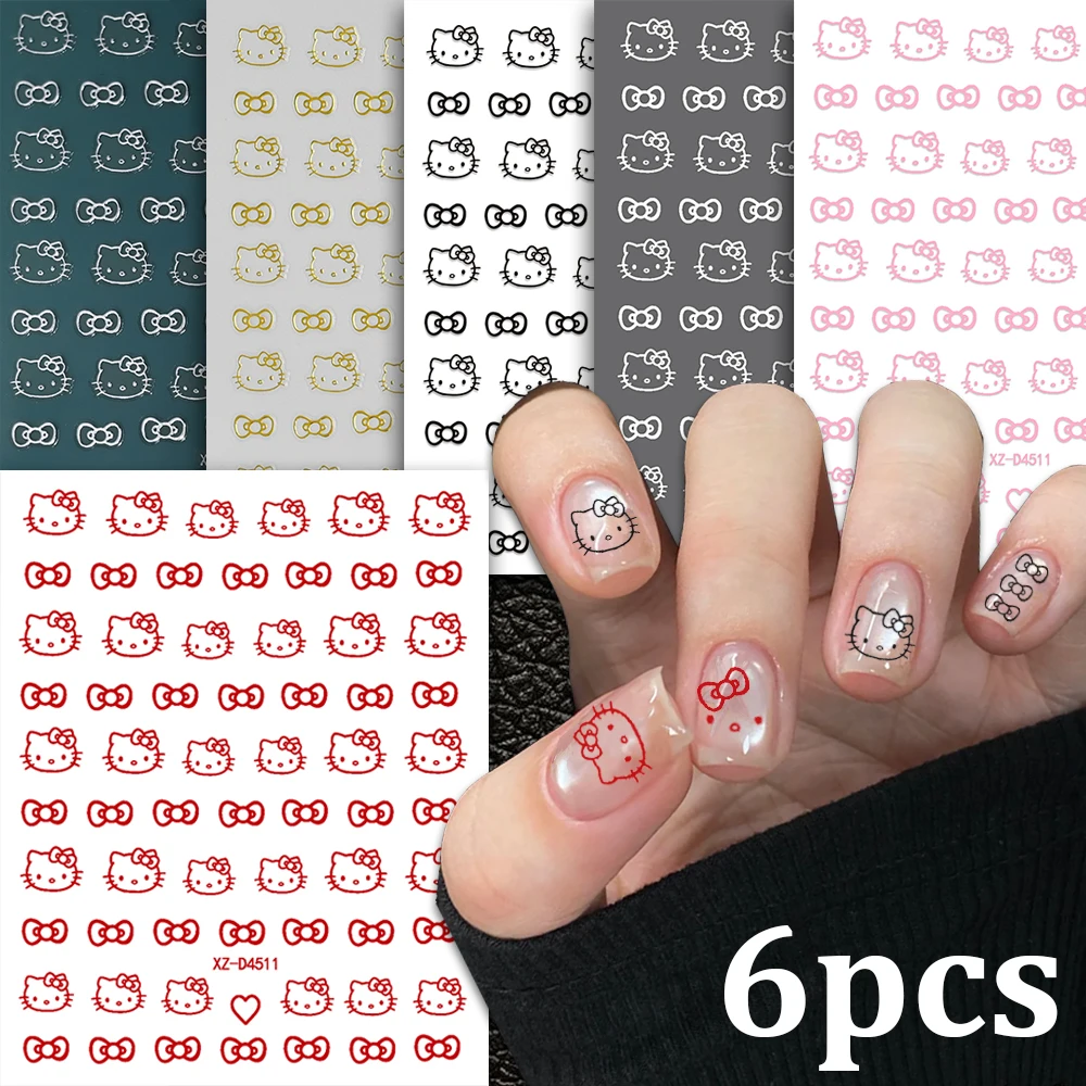 สติกเกอร์ติดเล็บลายเฮลโลคิตตี้สีแดงน่ารัก 6 ชิ้น สีขาว/ดำ/ทอง พร้อมกาวในตัว ลายโบว์เฮลโลคิตตี้ สำหรับตกแต่งเล็บเด็กผู้หญิง
