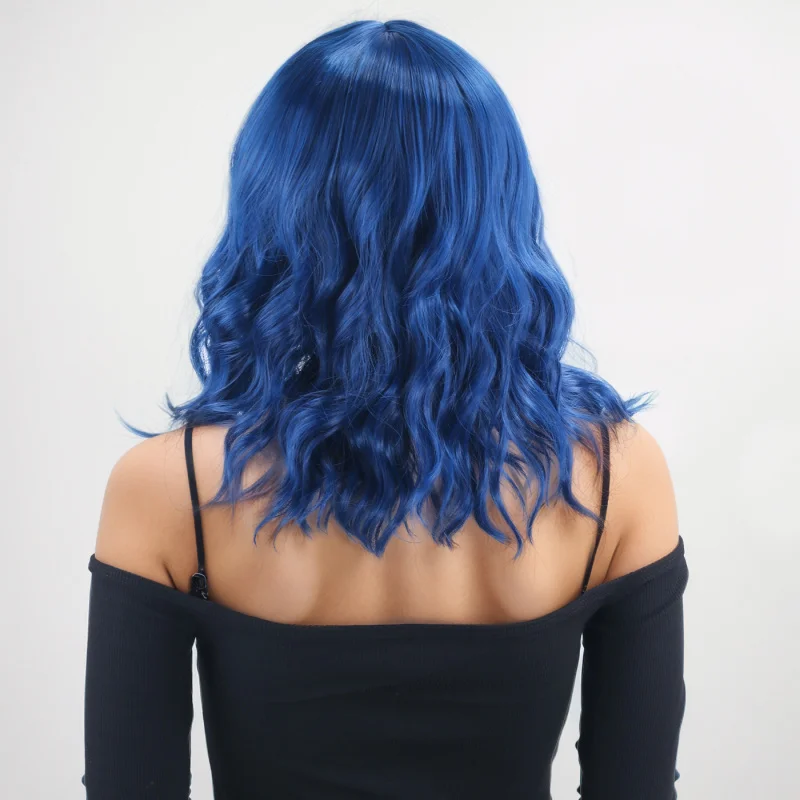 European and American style with bangs, short curly hair, royal blue synthetic fiber cosplay wig for women, full head cover