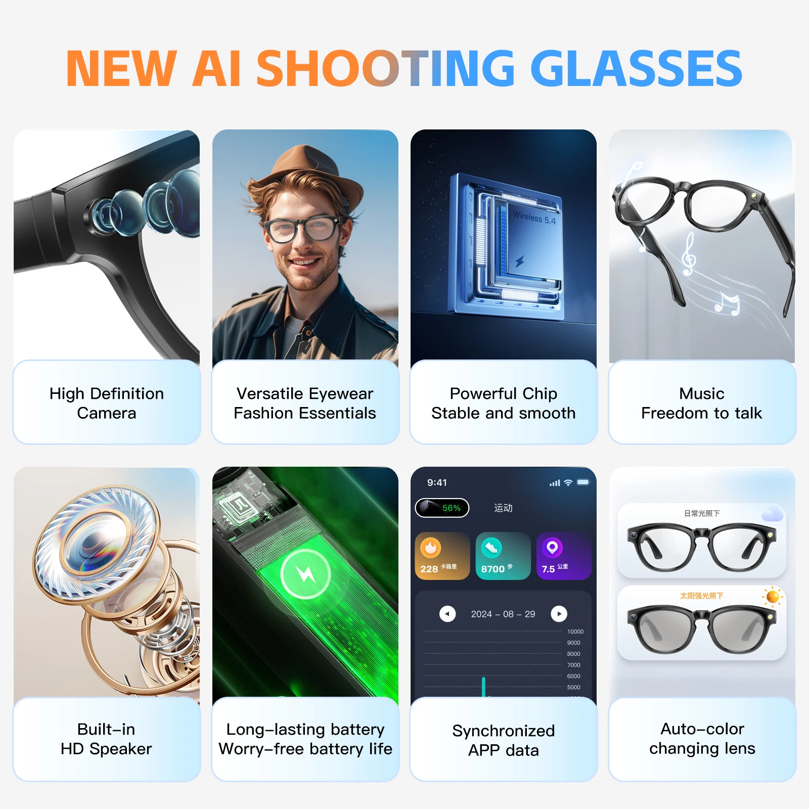 LIGE AI Camera Smart Glasses 200W Photo Video Auto Colour Change Lens Bluetooth Call Music Glasses Shooting Sunglasses 260mAh