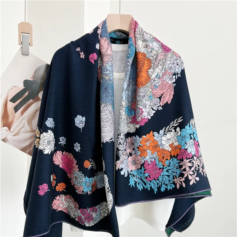 

Floral Horse Print Wool Blanket Scarf Shawl Women Large Square Winter Warm Cape Echarpe Poncho 135*135cm