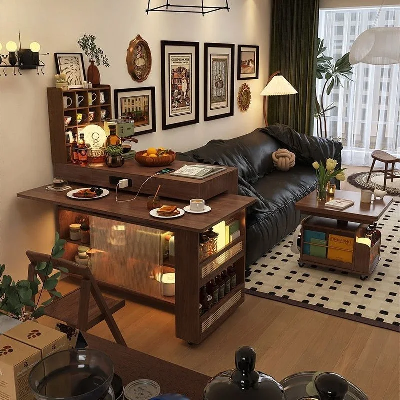 Island table integrated rotatable small apartment, retractable bar with antique dining edge