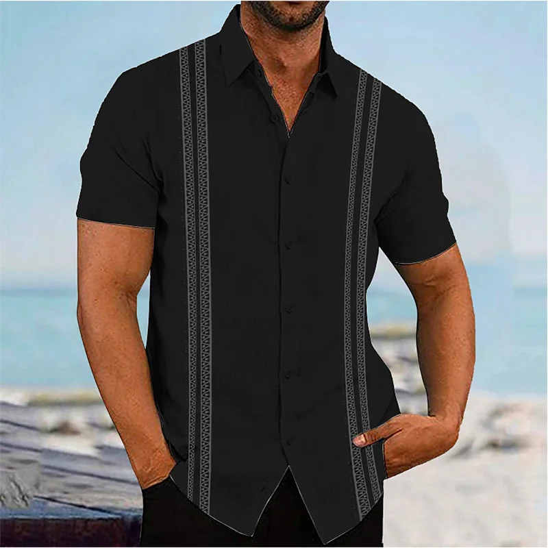 Men\'s Linen Shirts Casual Long Sleeve Shirts Striped Lapel Hawaiian Holiday Outfits Clothing Comfortable Tops