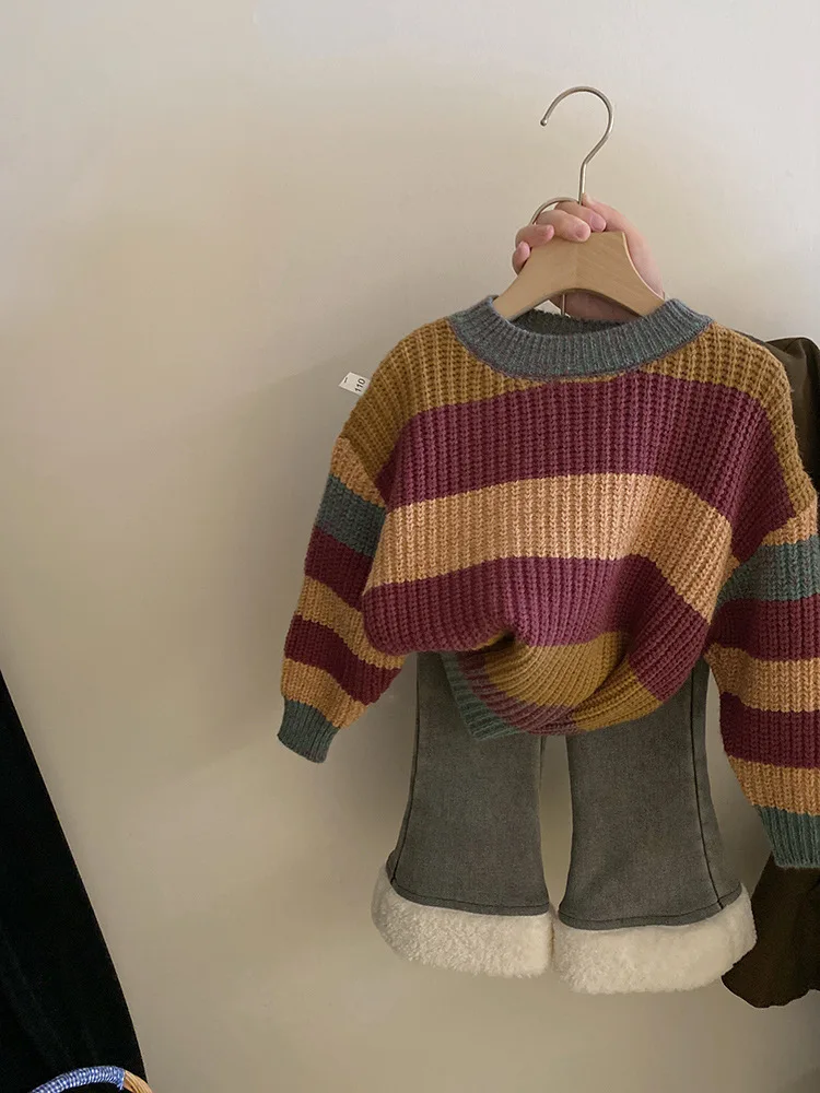 

Girls' Fresh Mixed Color Stripe Sweater2024Autumn and Winter New Fleece-lined Love Jeans Fashion Suit