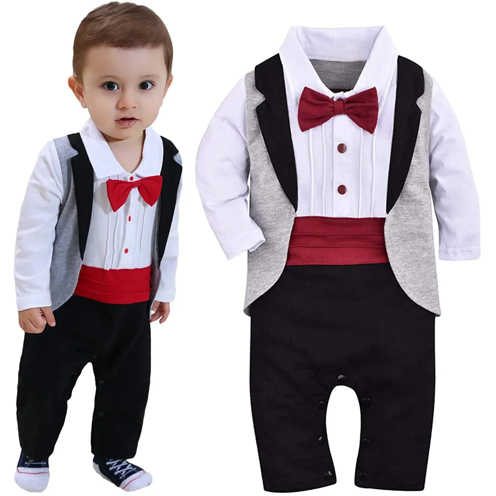 2022 New Baby Boys Gentleman Romper with Bow Tie - Cotton Long Sleeve Jumper