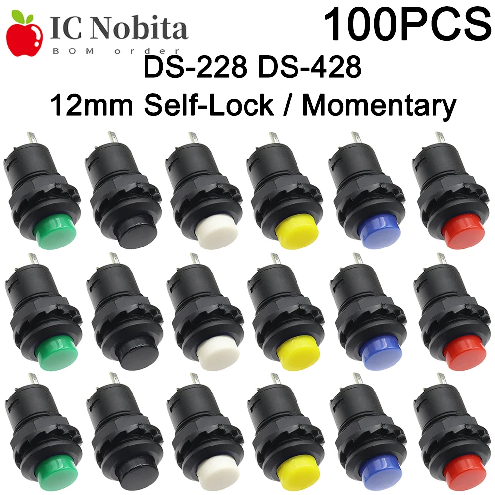 100PCS 12mm DS228 DS428 Self-Lock Momentary Pushbutton Switch OFF-ON 3A 125VAC 1.5A 250VAC Push Button Switches