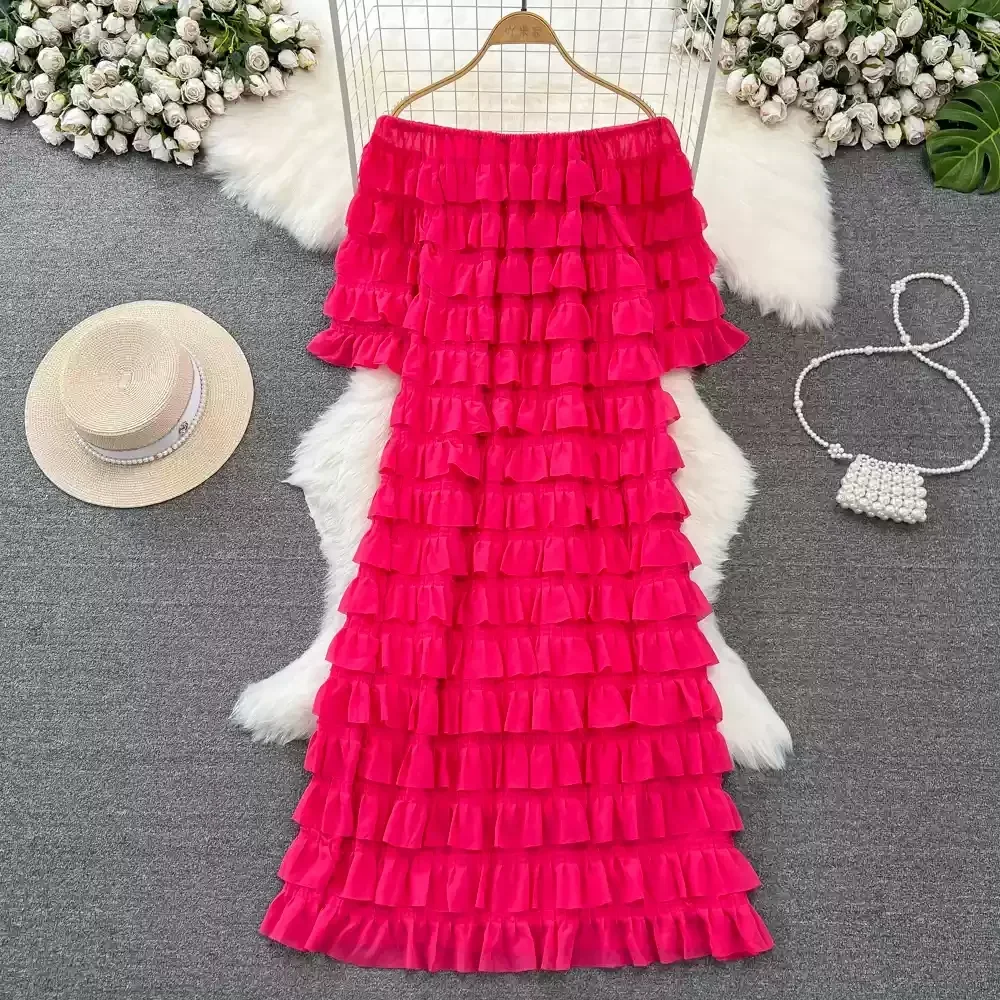 Women Slash Neck Off Shoulder Vintage Short Sleeve Tiered Ruffles Loose A-line Dresses French High Street Spring Winter Clothing