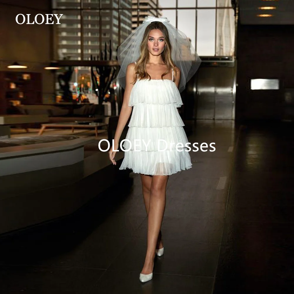 

OLOEY Simple Ivory A Line Short Wedding Dresses Layered Soft Tulle Mini Bridal Gowns Spaghetti Straps Sleeveless Customizd