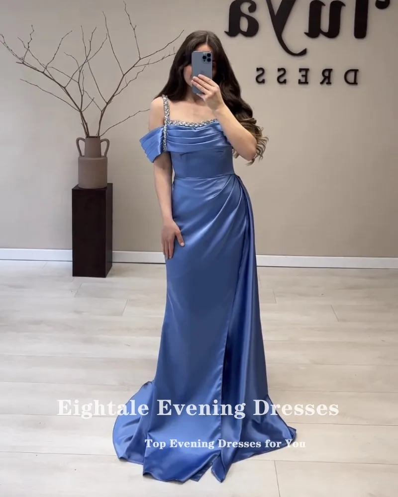 Eightale Dark Green Evening Dress for Wedding Party Beaded Satin Long Sleeves A-Line Arabic Mermaid Plus Size Formal Prom Gowns