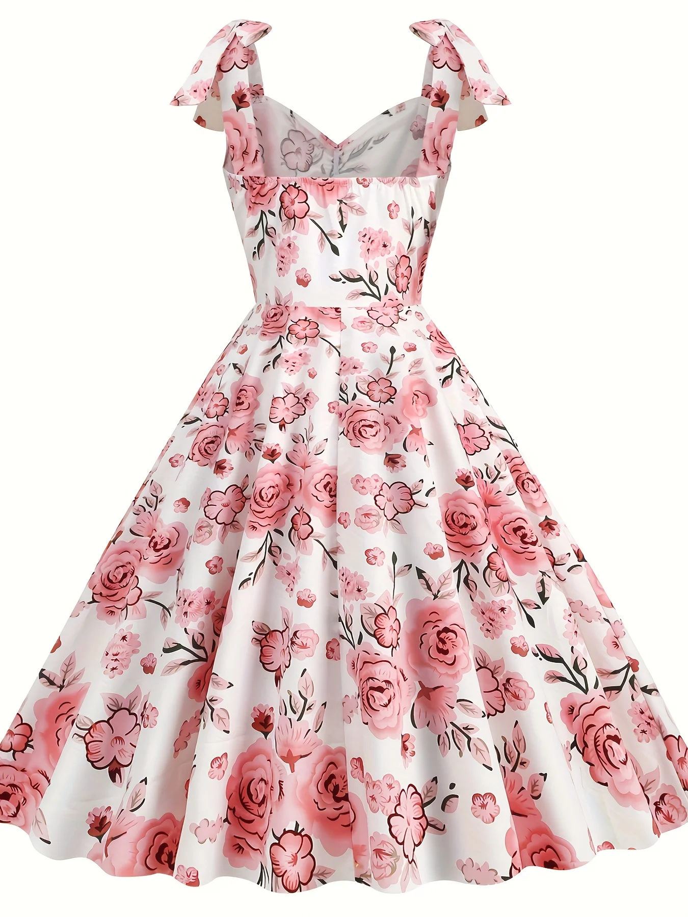 Back-To-School Beauty, Elegant V-Neck Floral Print Dress with Tie Bow - Cotton Blend, Machine Washable - Perfect for Cocktails &