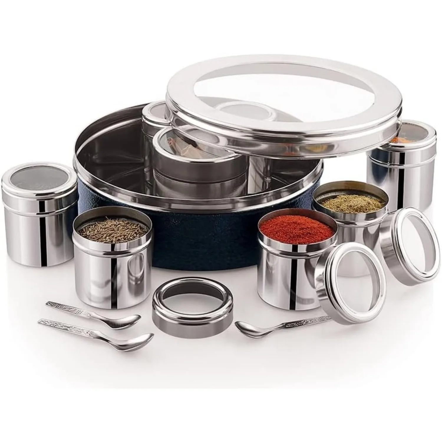 Auténtico juego de caja de especias india para cocina, contenedor de especias, cajas de especias Indian Masala, tapa transparente, 8 contenedores