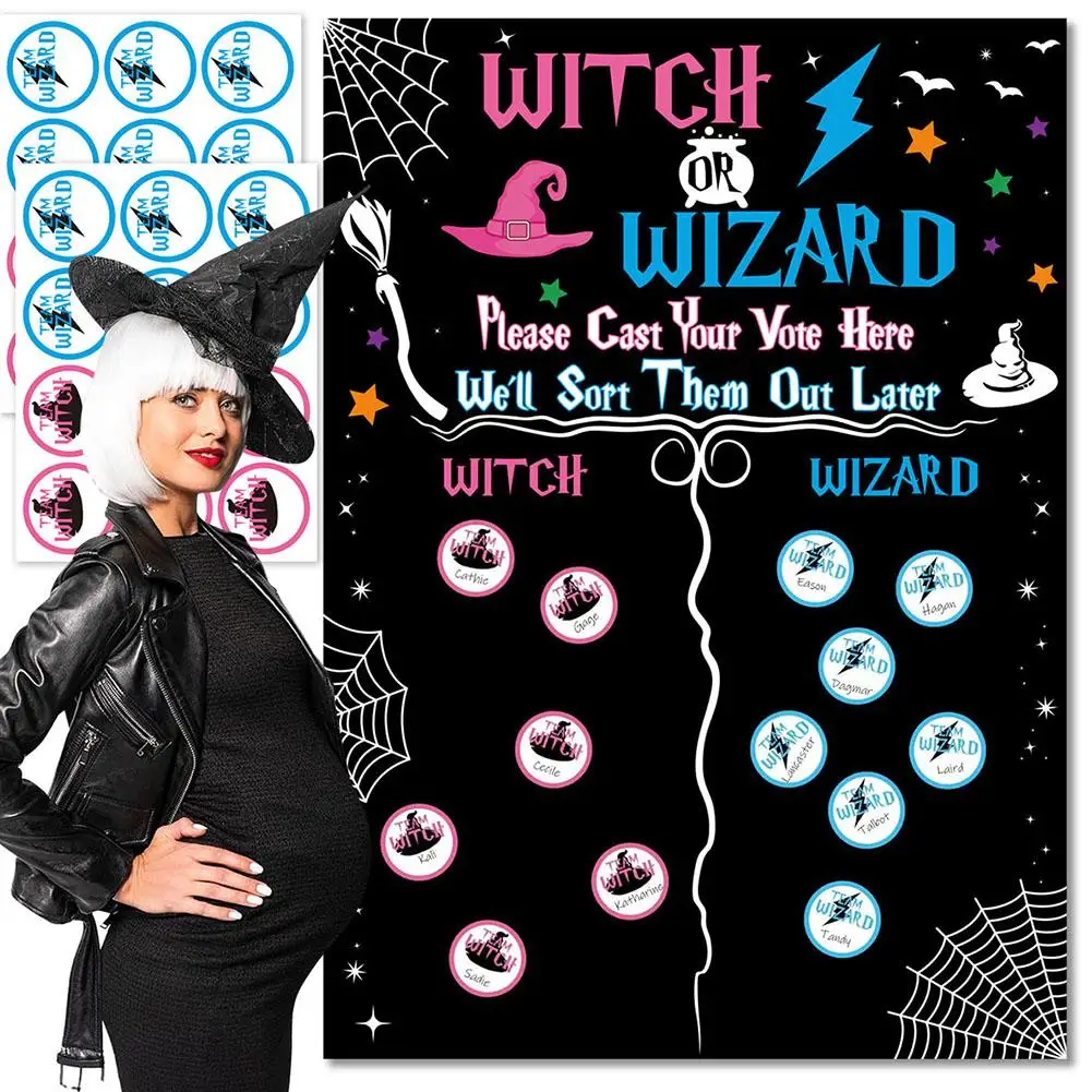 Halloween Witch Wizard Gender Reveal Poster Spider Web Interactive Voting Game With Stickers Dot Glues For Baby Shower Party Dec