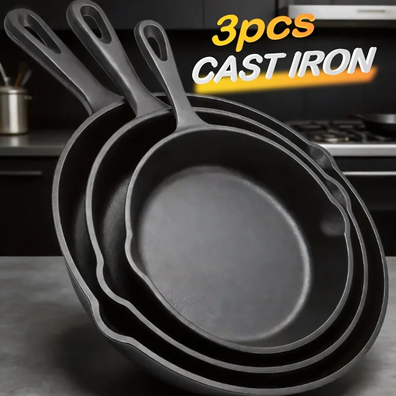 

us3pcs Cast Iron Cookware Set: Heavy-Duty Non-Stick Pan, Multi-functional Frying Pan, Skillet, And Baking Dish, Suitable for Kitchen & Outdoor Use - Perfect for Cooking Steak & Chickend