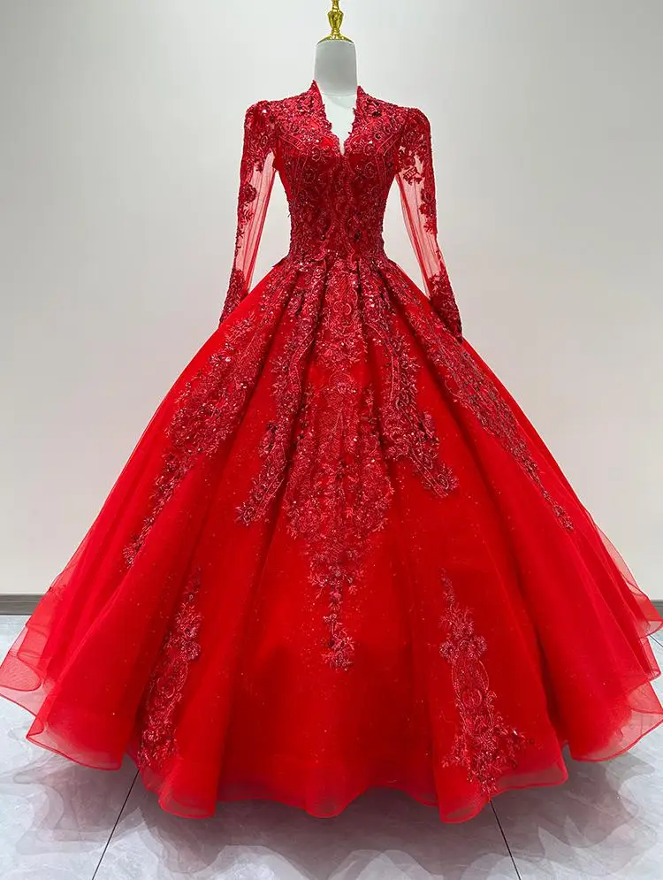 Vestido de casamento vermelho romântico manga comprida, vestido de noiva vintage, robe de Dubai, high-end, novo chinês, 2024