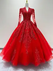 High end Romantic Red Wedding Dress 2024 New Chinese Long Sleeve vintage Bridal Ball Gowns Robe Mariee Dubai Vestidos De Novia