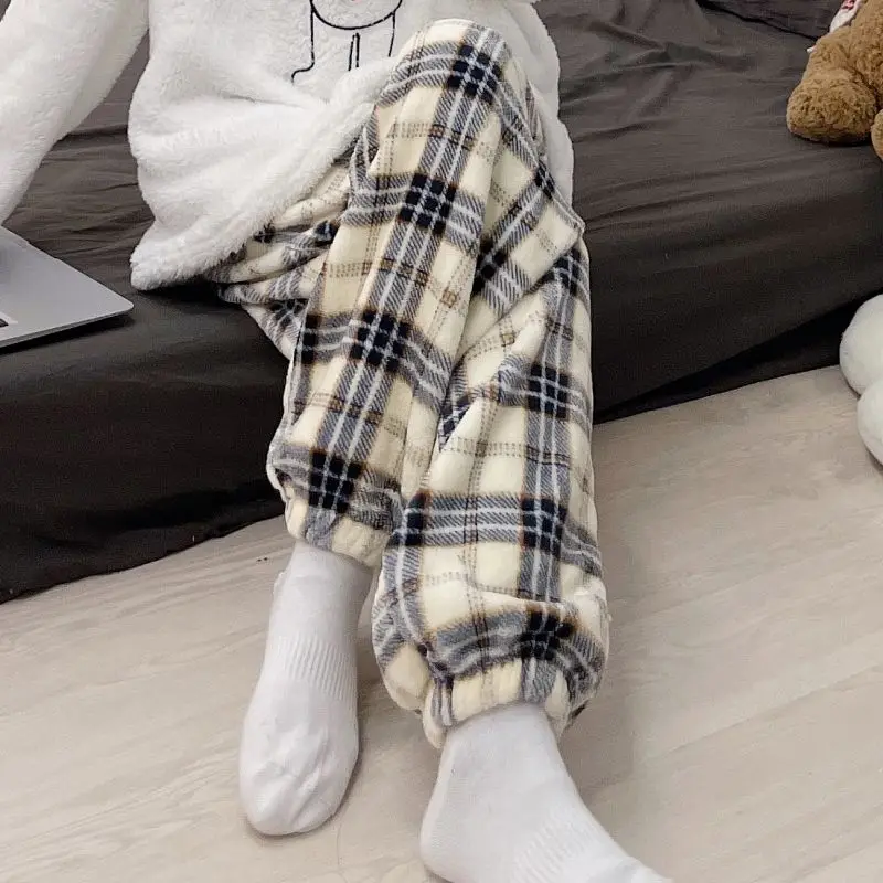 

Зимние женские брюки для сна из кораллового флиса: теплые, толстые, с эластичным поясом, повседневные, мягкие, термо, для дома и сна