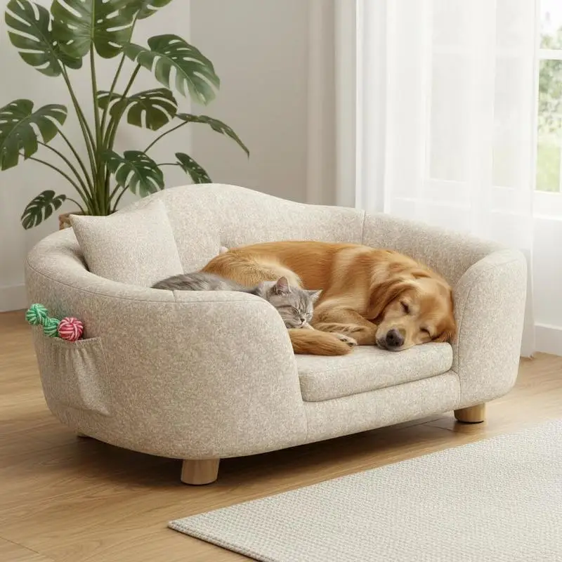 Haustier-Sofa, Hundematte, Hundebett, Hundecouch, Katzensofa mit Kissen, Rückentasche, Plüschschaum, Kiefernholz, cremeweiß, 70 x 47 x 30 cm