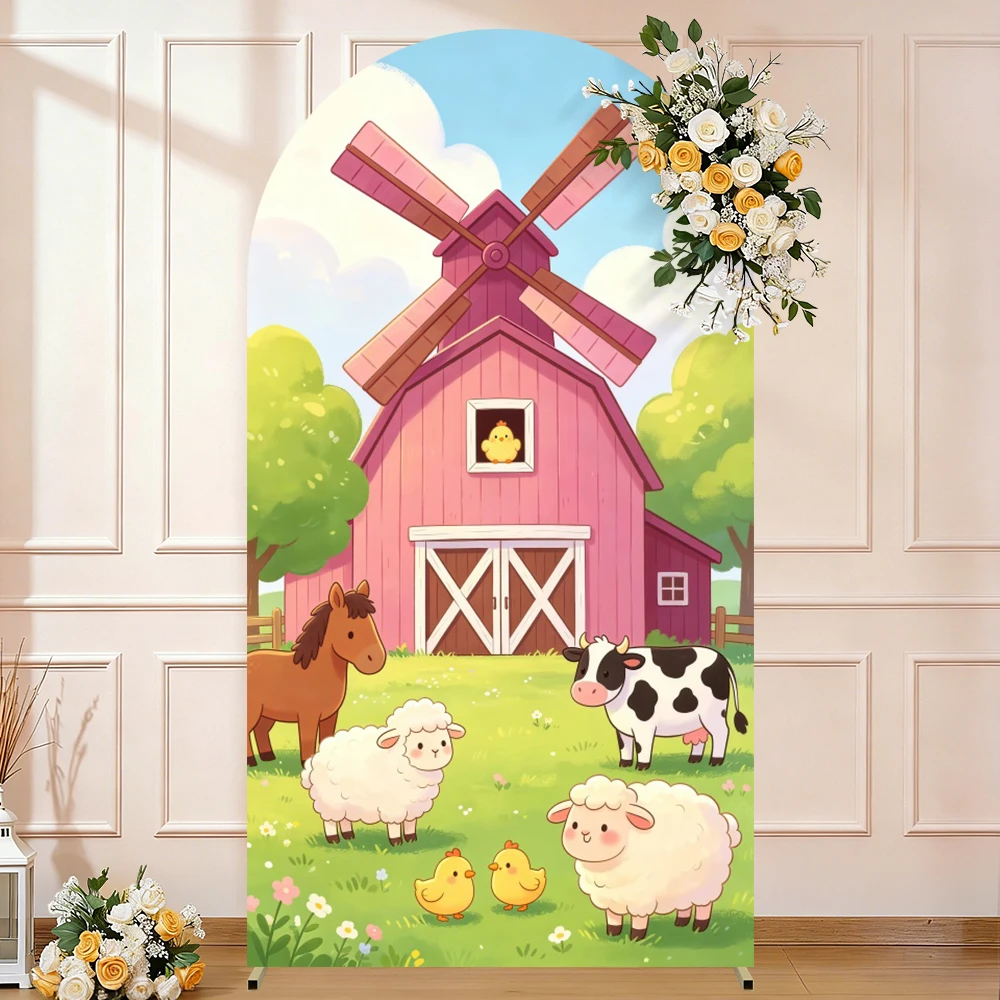 Fond de photographie en tissu élastique pour fête d'anniversaire de 1 an de bébé, motif ferme de dessin animé, arche de grange, accessoires de