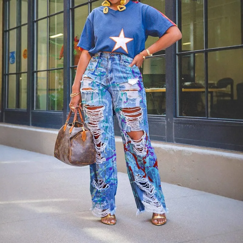 

Women Fashion Graffiti Print Distressed Holes Denim Pants Button Fly High Waist Loose Casusal Jeans Straight Trousers Streetwear
