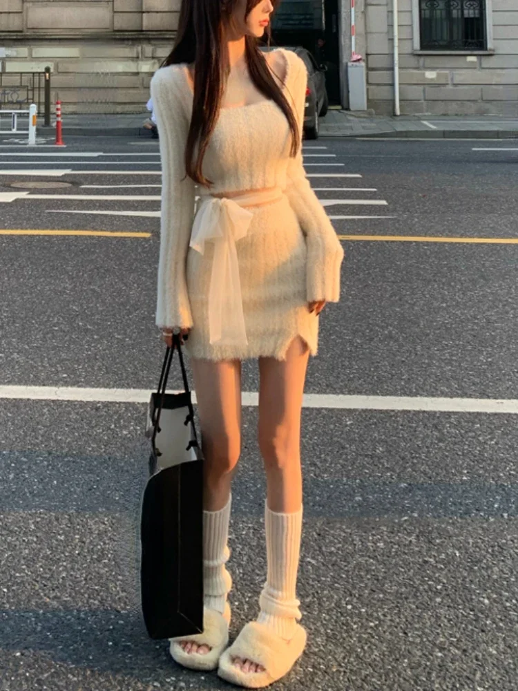 2023 осенний свитер, вязаные костюмы, женское элегантное платье из 2 предметов, корейское модное вечернее мини-платье Y2K, офисные женские короткие юбки