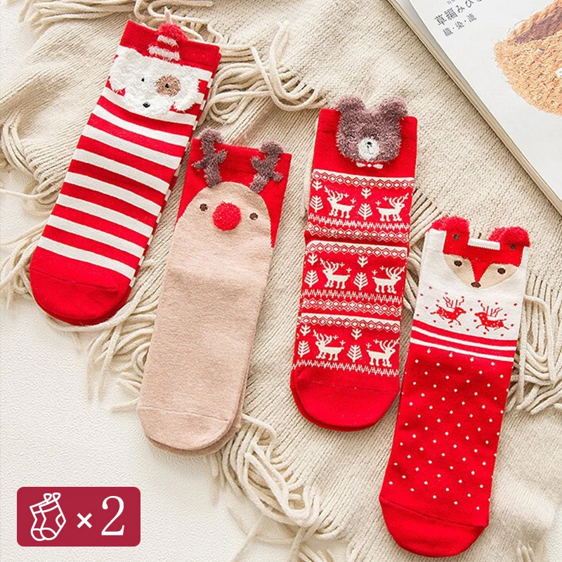 2Pairs/Set Woman Cotton Cartoon Christmas Socks Christmas Print Socks Female Cute Warm Japanese Style Mid Socks New Year 2023