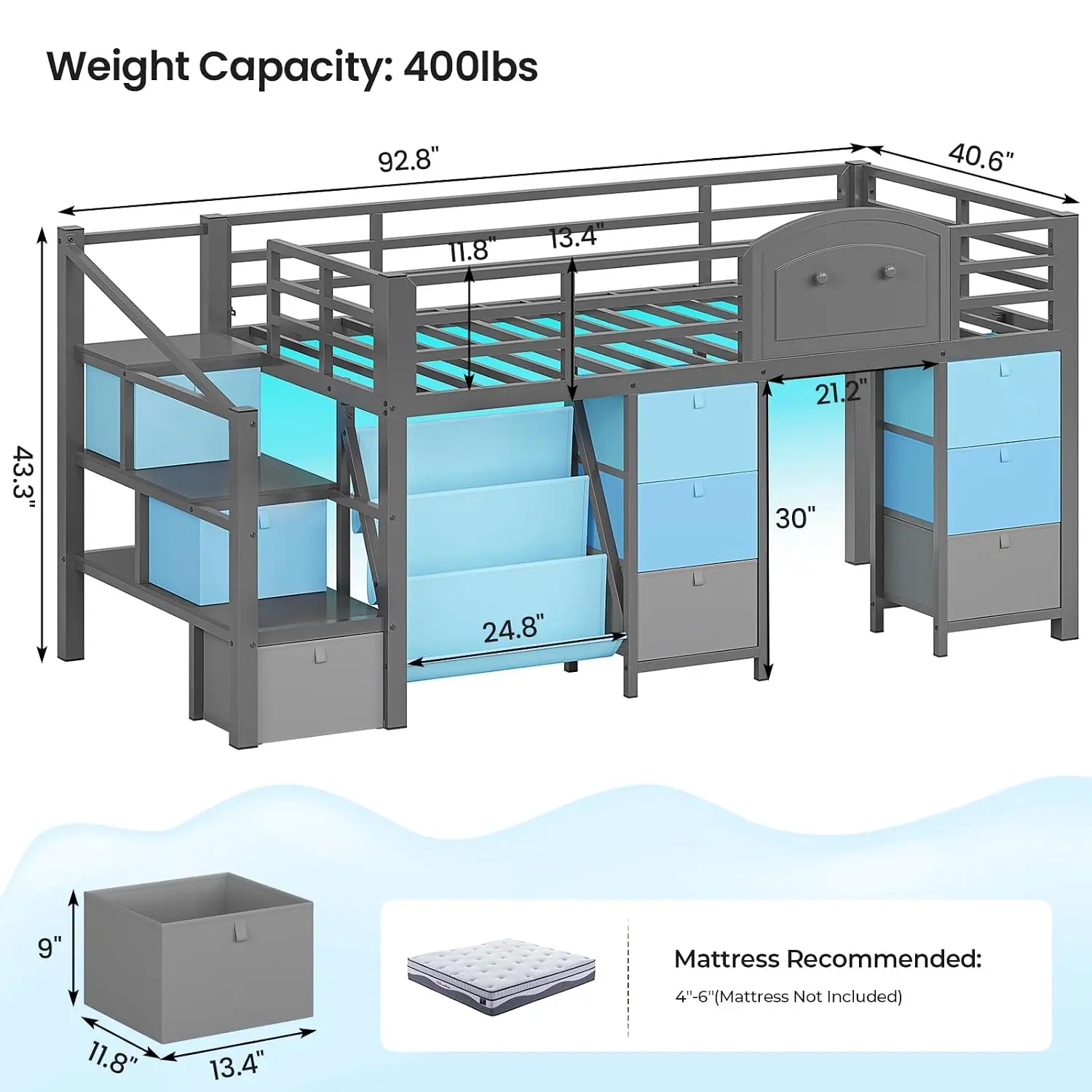 Low Loft Bed Twin Size with 9 Storage Drawers, Bookcase and LED Lights, Metal Kids Loft Bed with Wide Staircase,, Customized