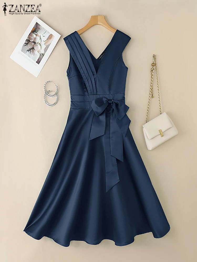 ZANZEA สตรีแฟชั่นซาตินค็อกเทลปาร์ตี้ Midi Dresses Elegant Pintuck V คอ Bow Tie A-Line Robes Femme เซ็กซี่ Vestidos