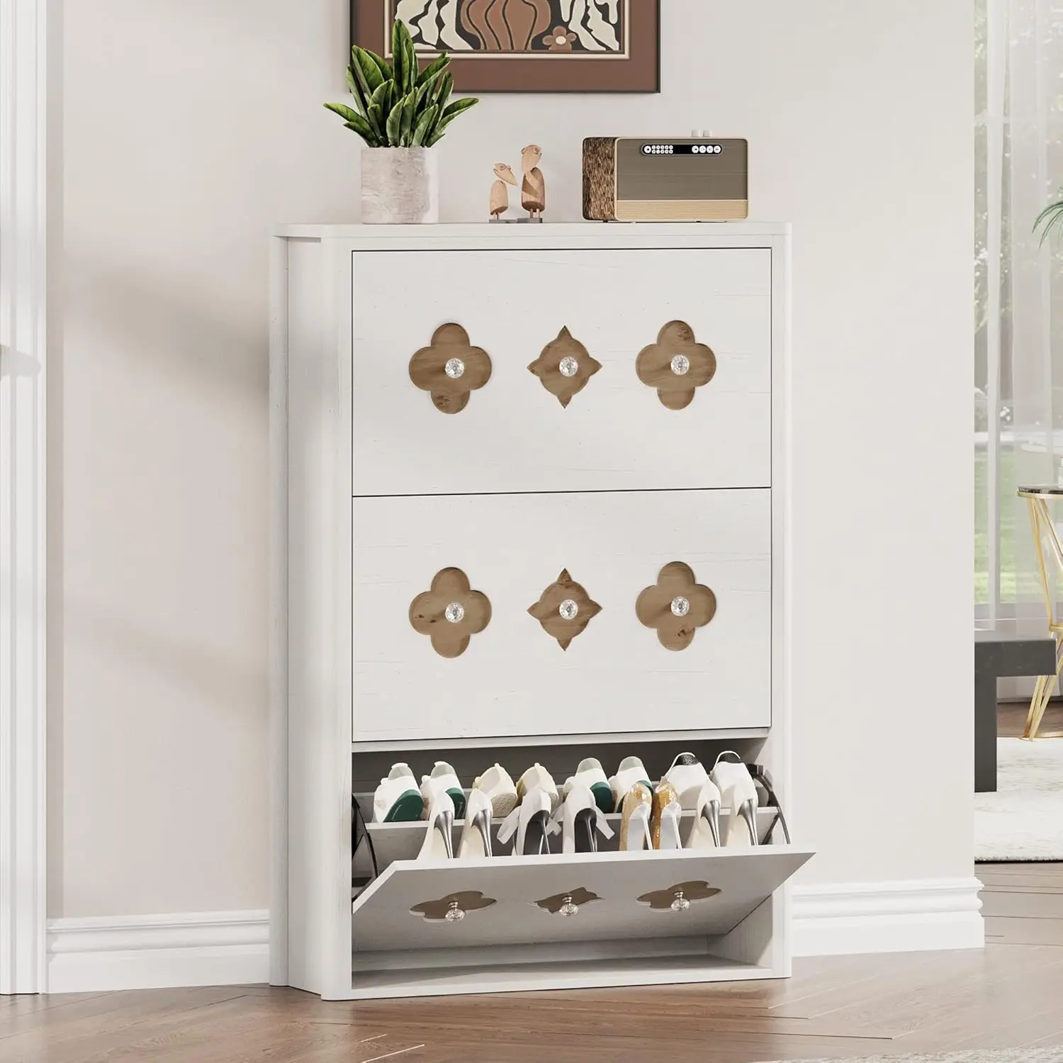 

Shoe Cabinet with 3 Flip Drawers, Freestanding Slim Shoe Organizer Cabinet with Hollow-Out Flower Pattern & Diamond, Customized