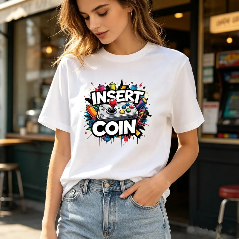 Insert Coin T-Shirt Arcade Game Controller Colorful Graffiti Graphic Tee Casual Streetwear 100% Cotton for Gamer Y2k Top