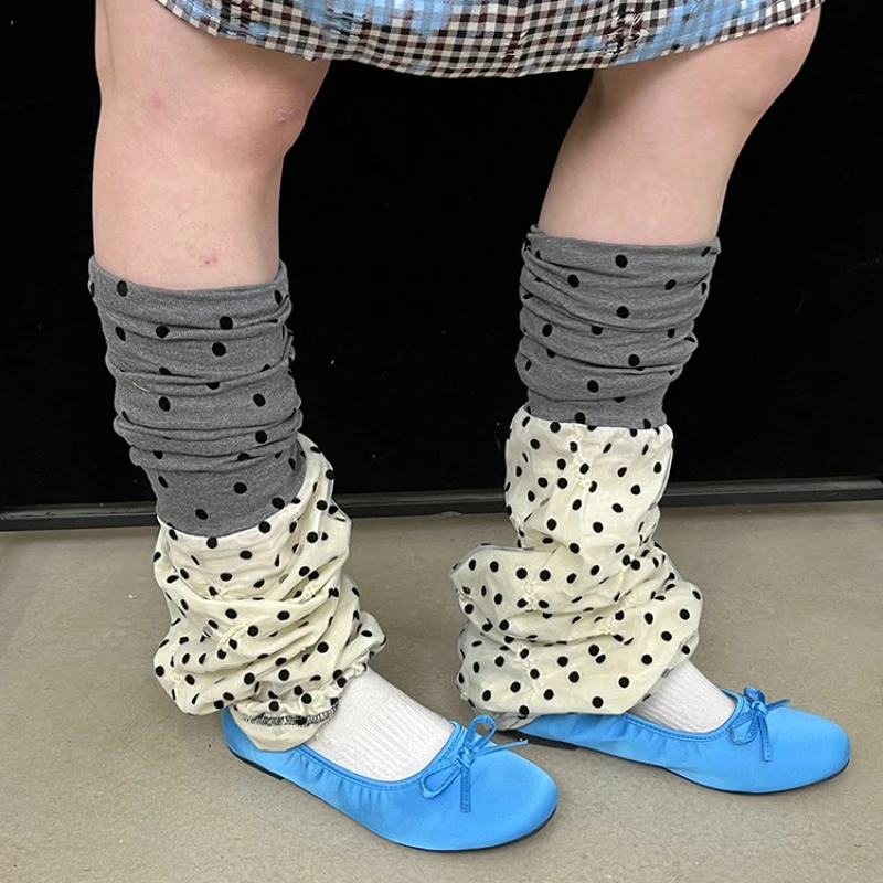Original Design Polka Dot Splicing Chiffon Yarn Knitted Women's Socks Autumn New Versatile Drawstring Socks Leg Warmers Ladies