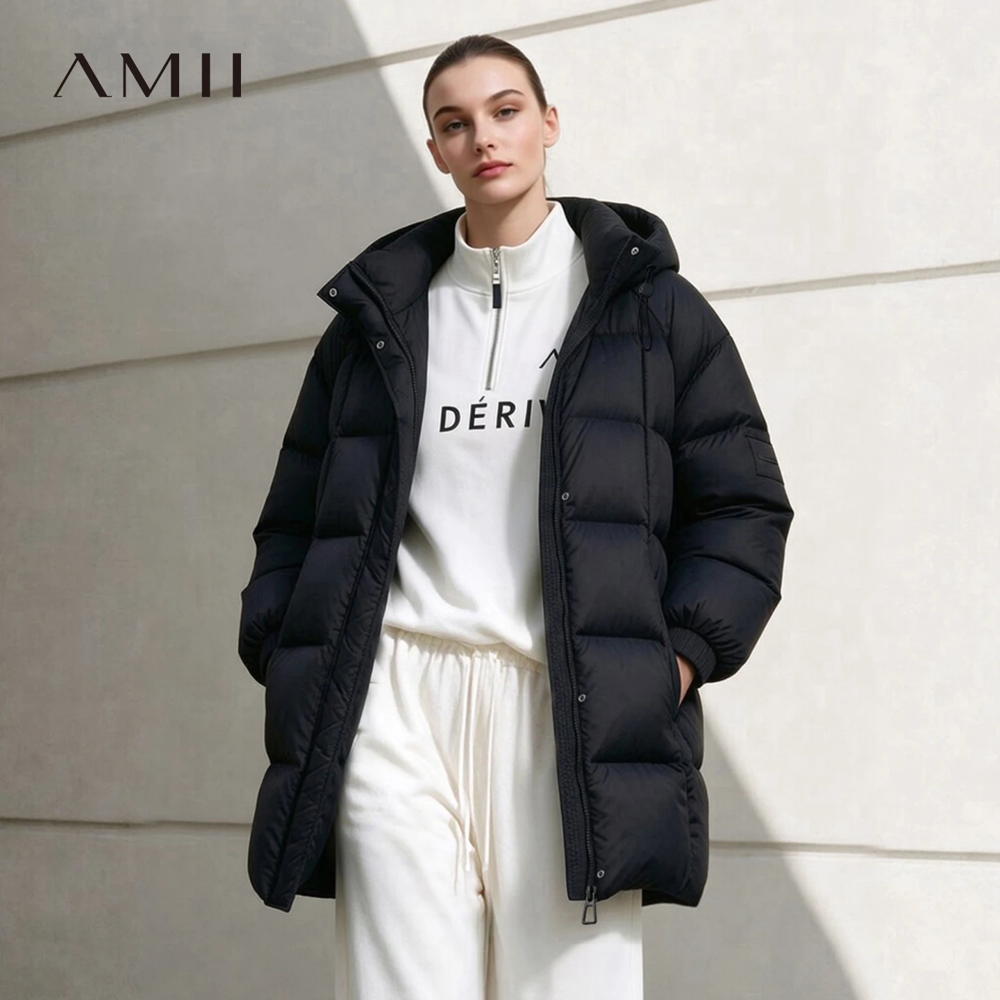 Amii Women's Winter Jacket 2026 Winter New Commuter Warm Graphene Lining Hooded Down Jacket Women's Solid Midi Top Coat 12624056