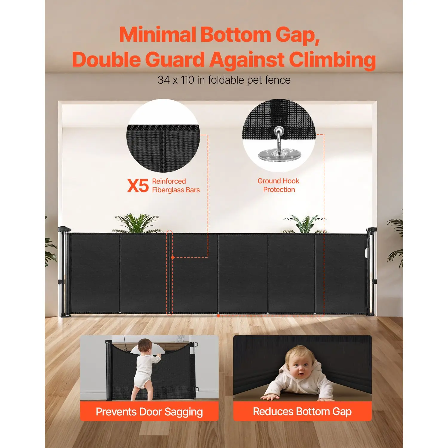 Retractable Baby Gate, 34 inch Tall, Extends up to 110 inch Wide, for Kids or Pets, Mesh Material, Easy Install Indoor Stairs