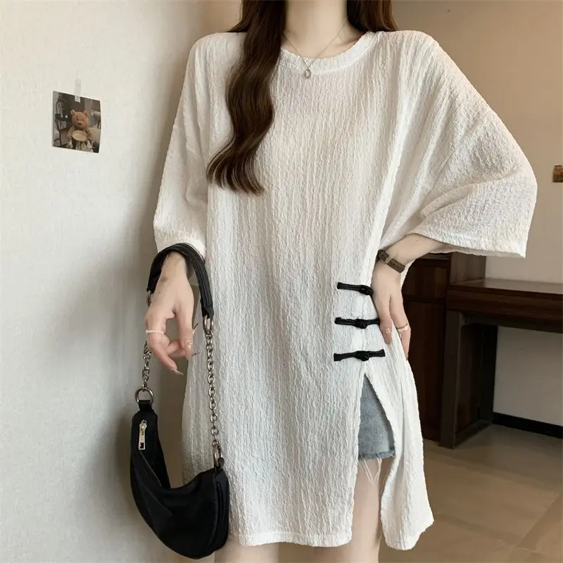 Casual Loose Split Basic T-shirt Summer Chic Chinese Disc Buckle Spliced Women's Clothing O-Neck Commute Solid Color Pullovers