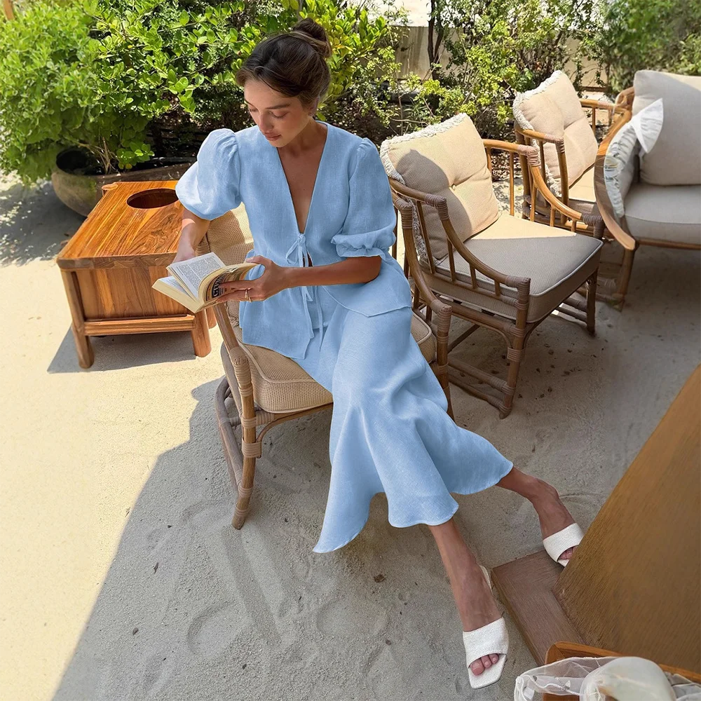 

Elegant Countryside Style Cotton V-neck Shirt Skirt Suit Spring and Autumn Women Simple Soft Ruffled Edge Short Sleeve Skirt Set