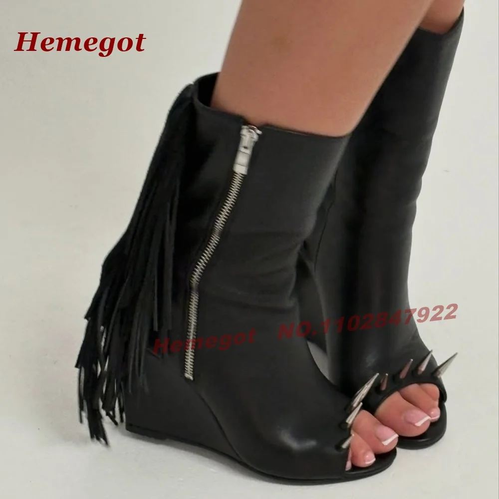 Black Studded Wedges Ankle Boots Peep Toe Fringe Side Zipper High Heels Women's Sandal Boots Tassel Splicing Runway Shoes Sexy