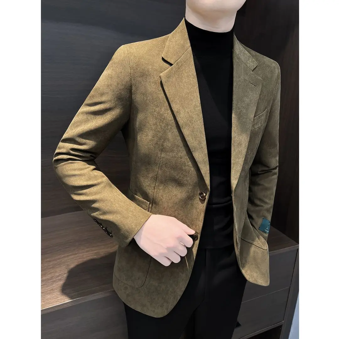 

Faionable Leather Velvet Men's Jaet Casual Versatile Early Autumn Busin High-End Trendy Leisure Suit Youth ular Sle