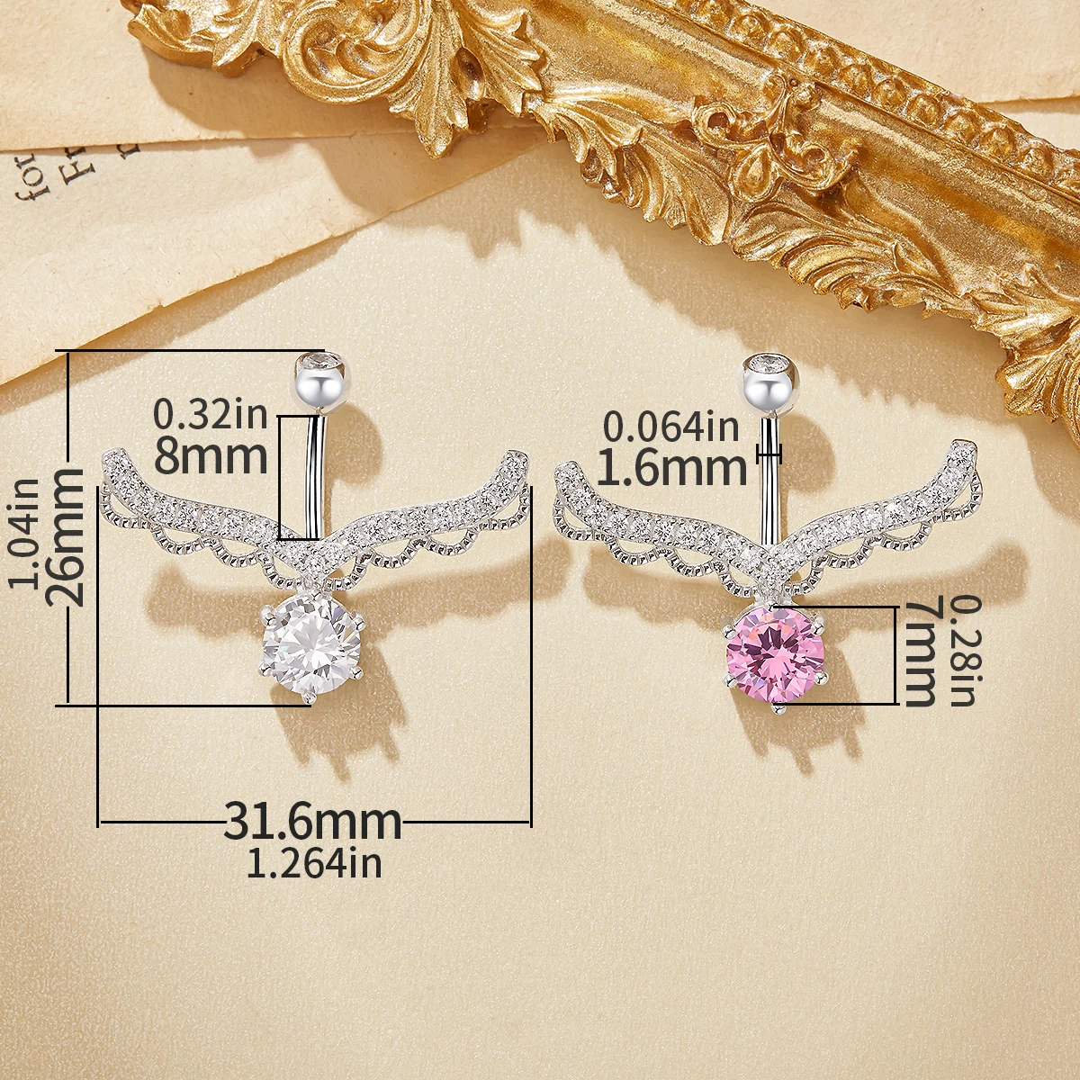 Lace Angel Wing Round CZ Stone Solid 925 Sterling Silver Belly Button Ring Belly Piercing Navel Bar Curved Barbell 6710011