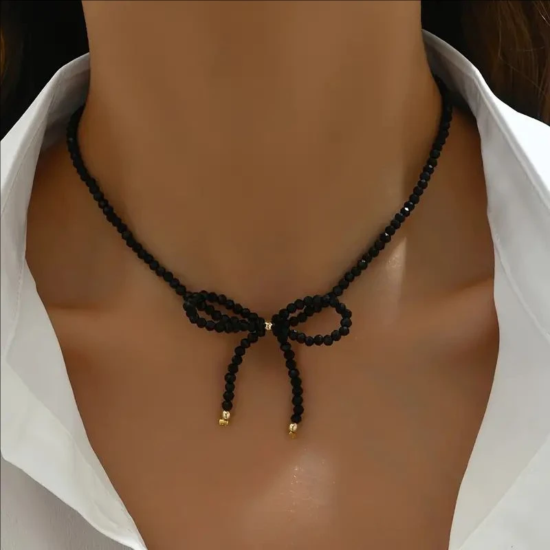 Miss JQ Black Beaded Charming Boho-Style Necklace with Bowknot - Everyday & Party Wear, All-Season Fashion Accessory