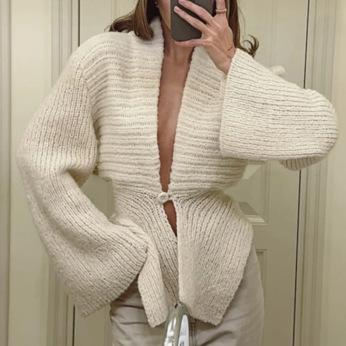 

Women Knitted Cardigan Sweaters Solid Jumper Asymmetric V Neck Long Sleeves Single Button Loose Fit Casual 2026 Autumn Winter