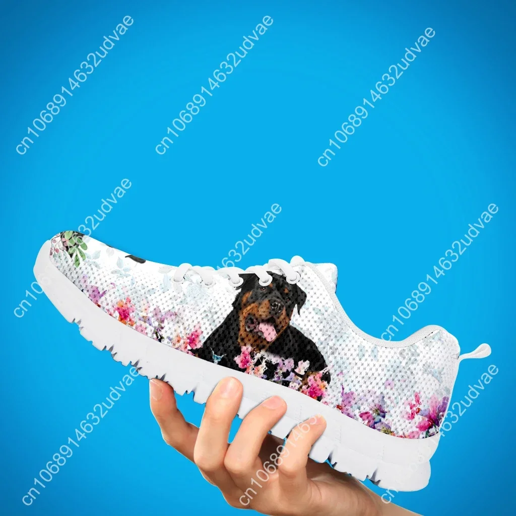 New Rottweiler Design White Soft Sole Casual Sneakers Floral Print Lace Up Sneakers Animal Shoes Zapatos Planos