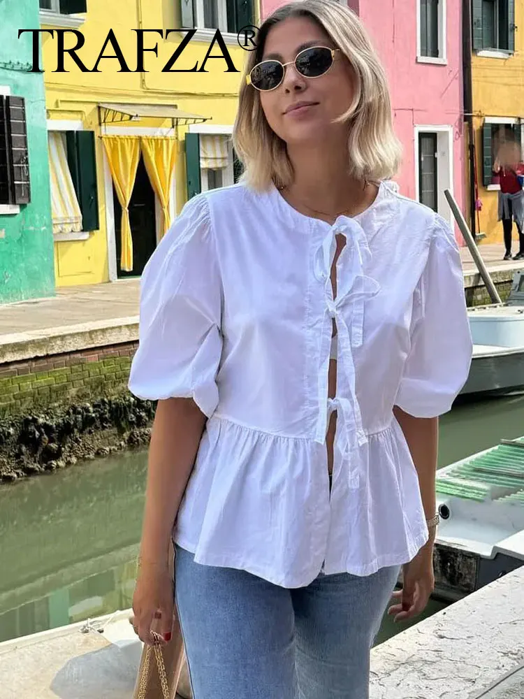 TRAFZA Donna Causale O Collo Camicia a maniche corte a sbuffo Dolce fiocco bianco Top con lacci 2024 New Fashion Chic Femminile Streetwear Camicetta