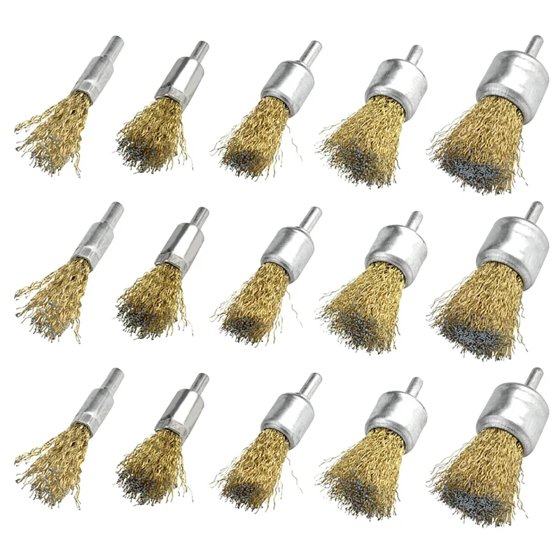 15 Pack Wire Wheel Cup Brush Set With 1/4 Inch Round Shank, 5 Sizes Brass Coated Wire Drill Brush For Paint Removal Project/Corr