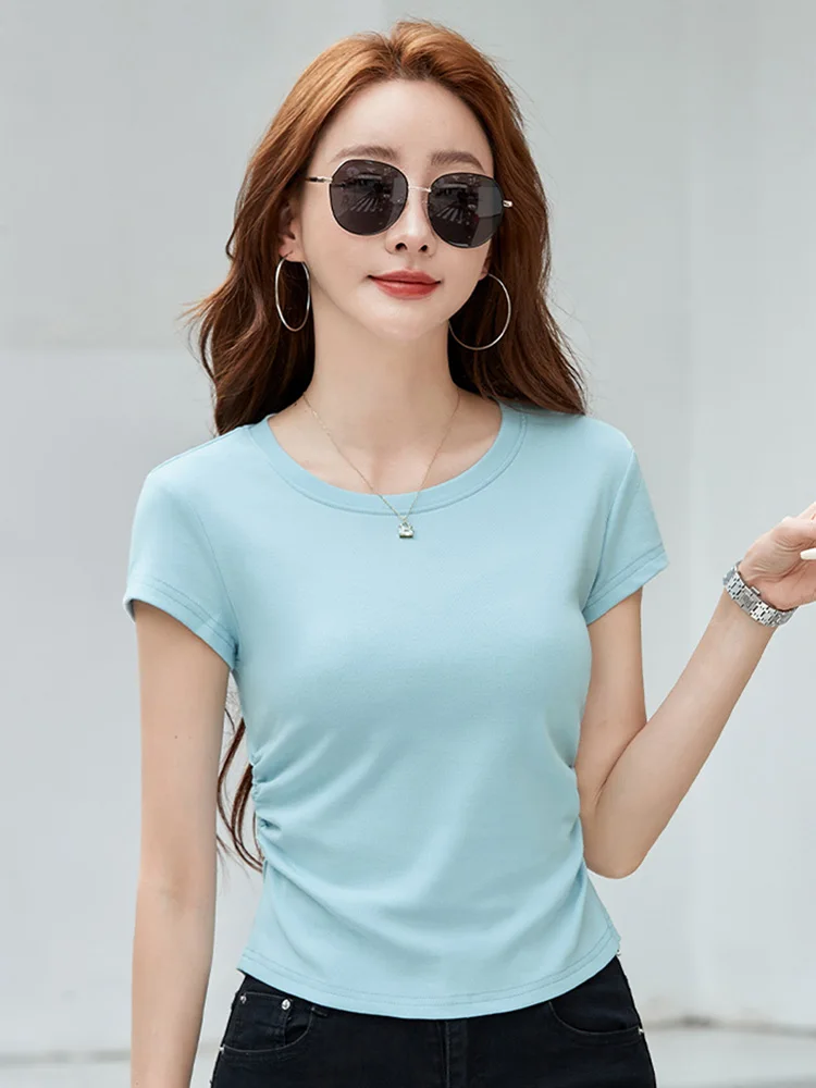 New Women Basic Short T-shirt Summer Fashion O-Neck Short Sleeve Folds Slim Waist Tees Casual Simplicity Solid Color T-shirt