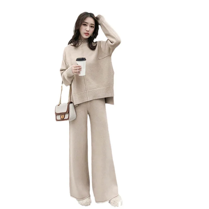 Autumn Winter 2 Piece Set Women Thick Knitted Warm O-Neck Knit Pullovers Long Sleeve Tops Side Slit Casual Warm Pant Sets